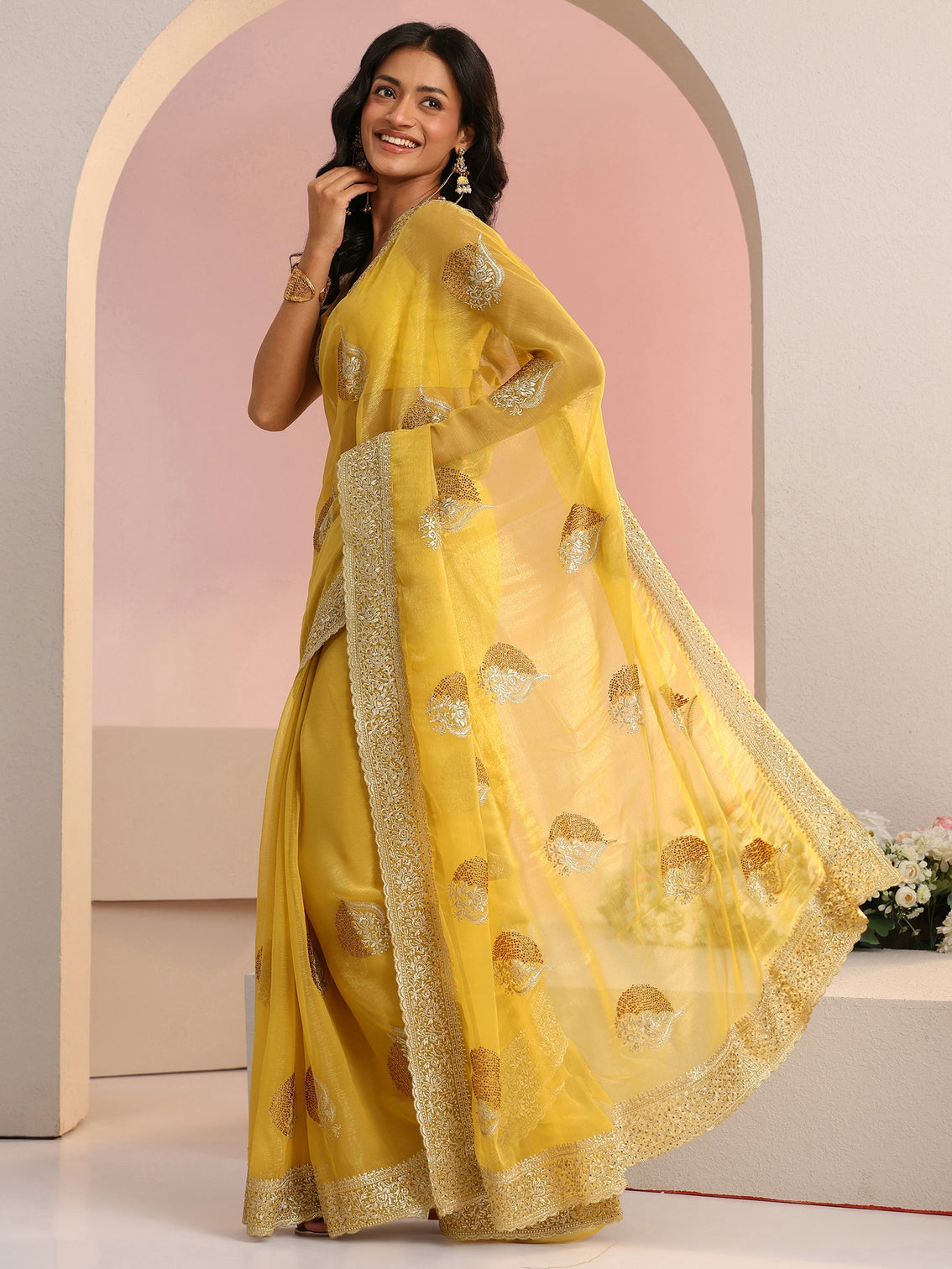 Mameraa Yellow Embroidered Chiffon Saree