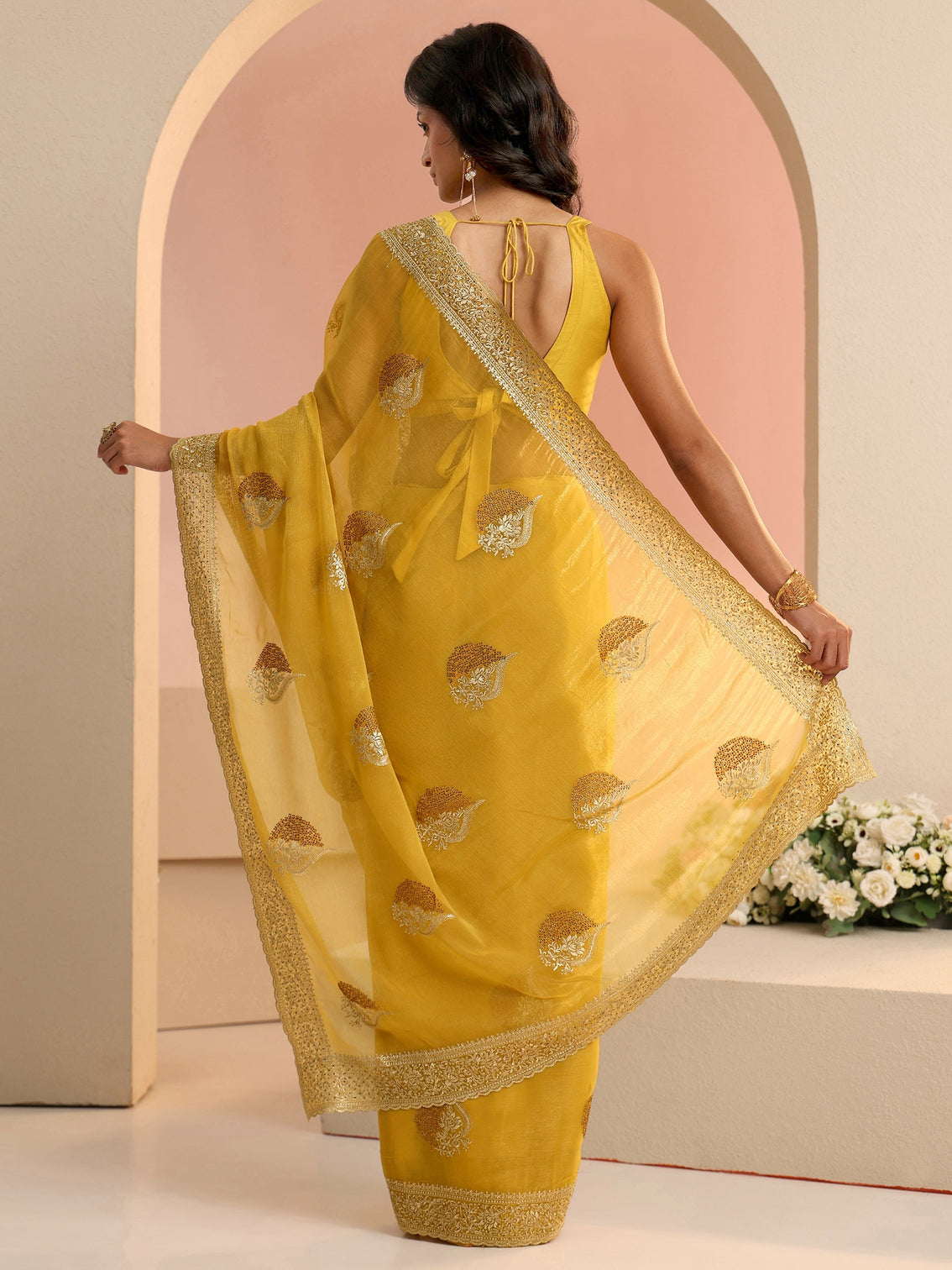 Mameraa Yellow Embroidered Chiffon Saree
