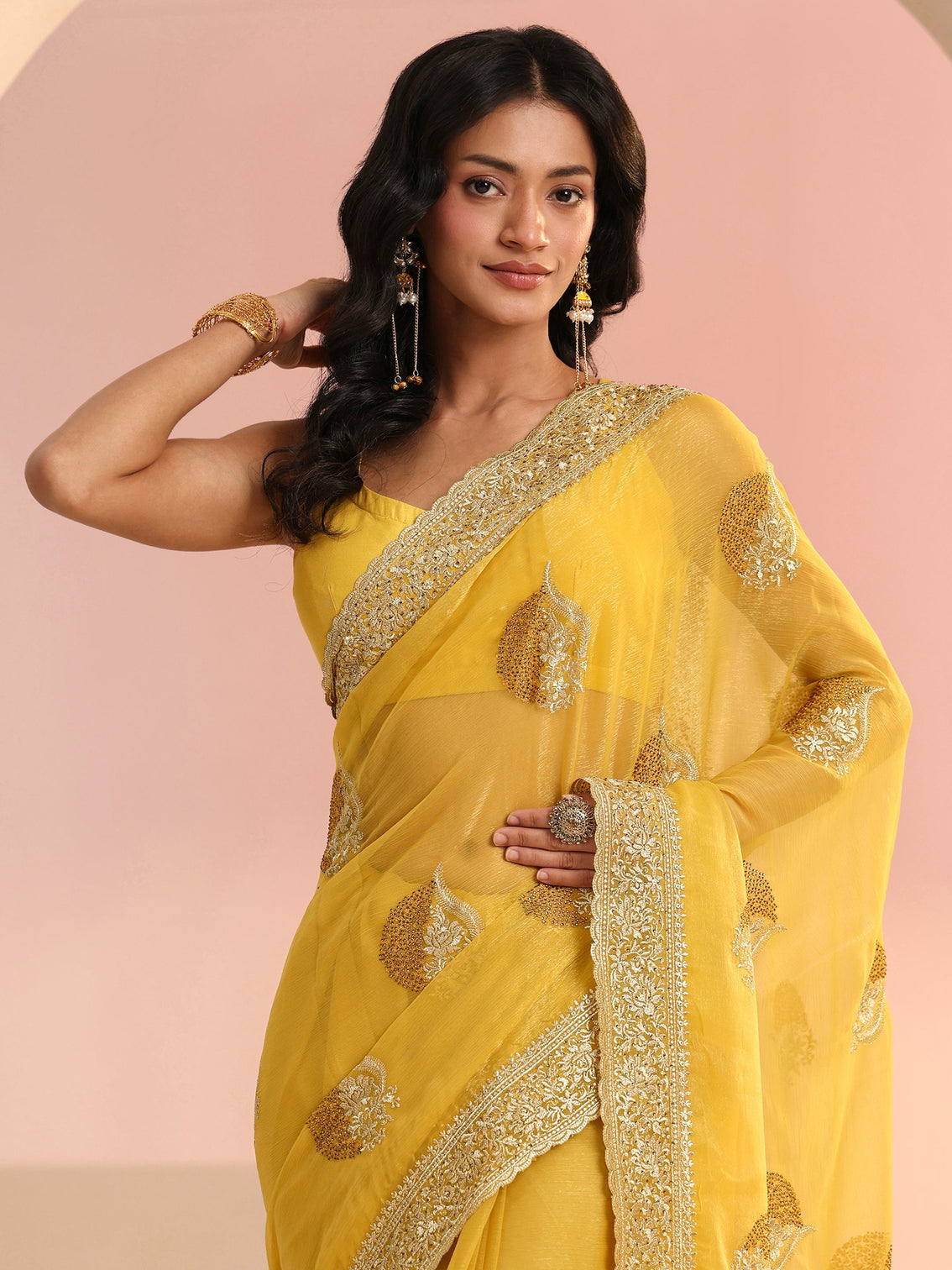 Mameraa Yellow Embroidered Chiffon Saree