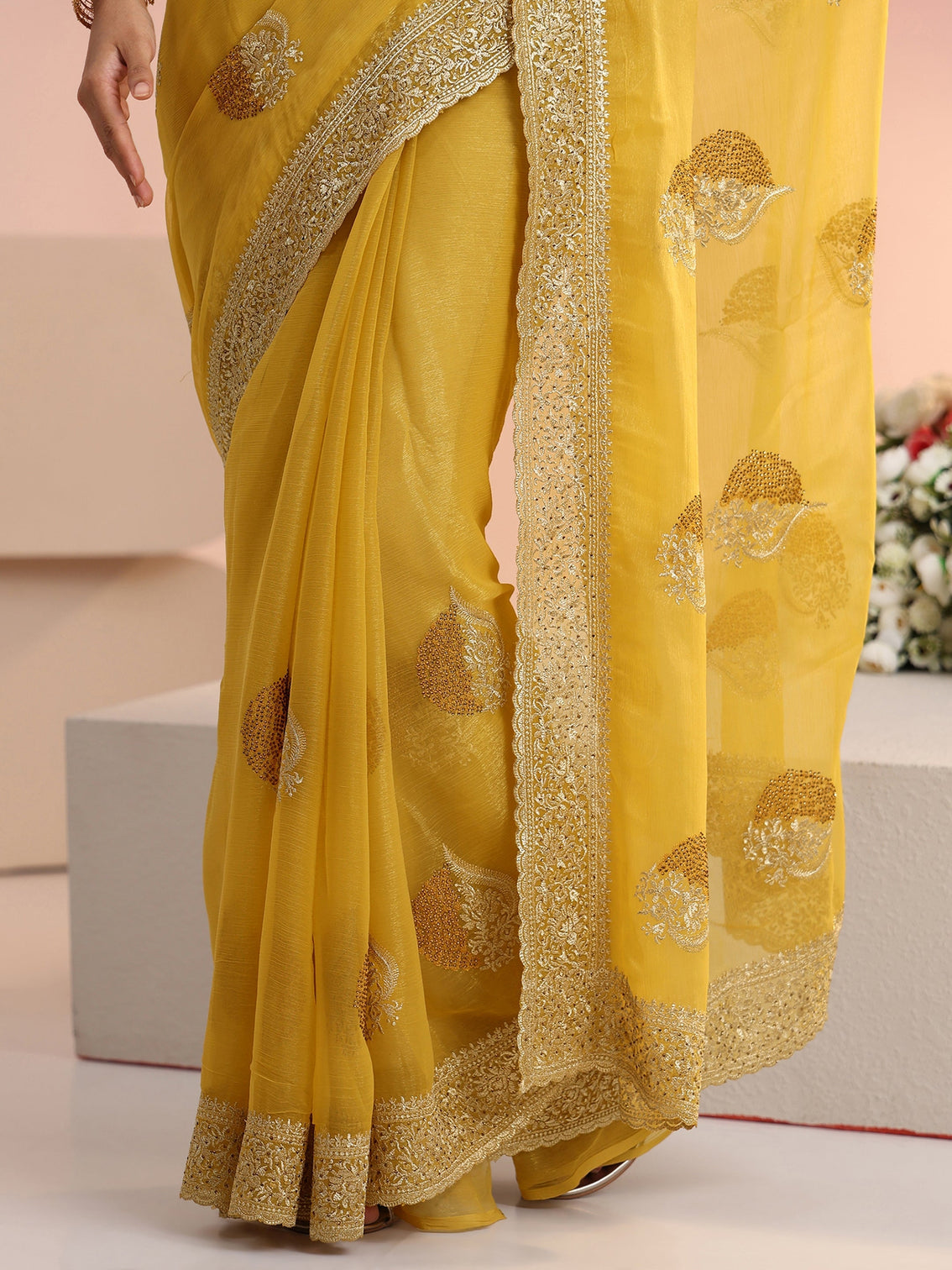 Mameraa Yellow Embroidered Chiffon Saree