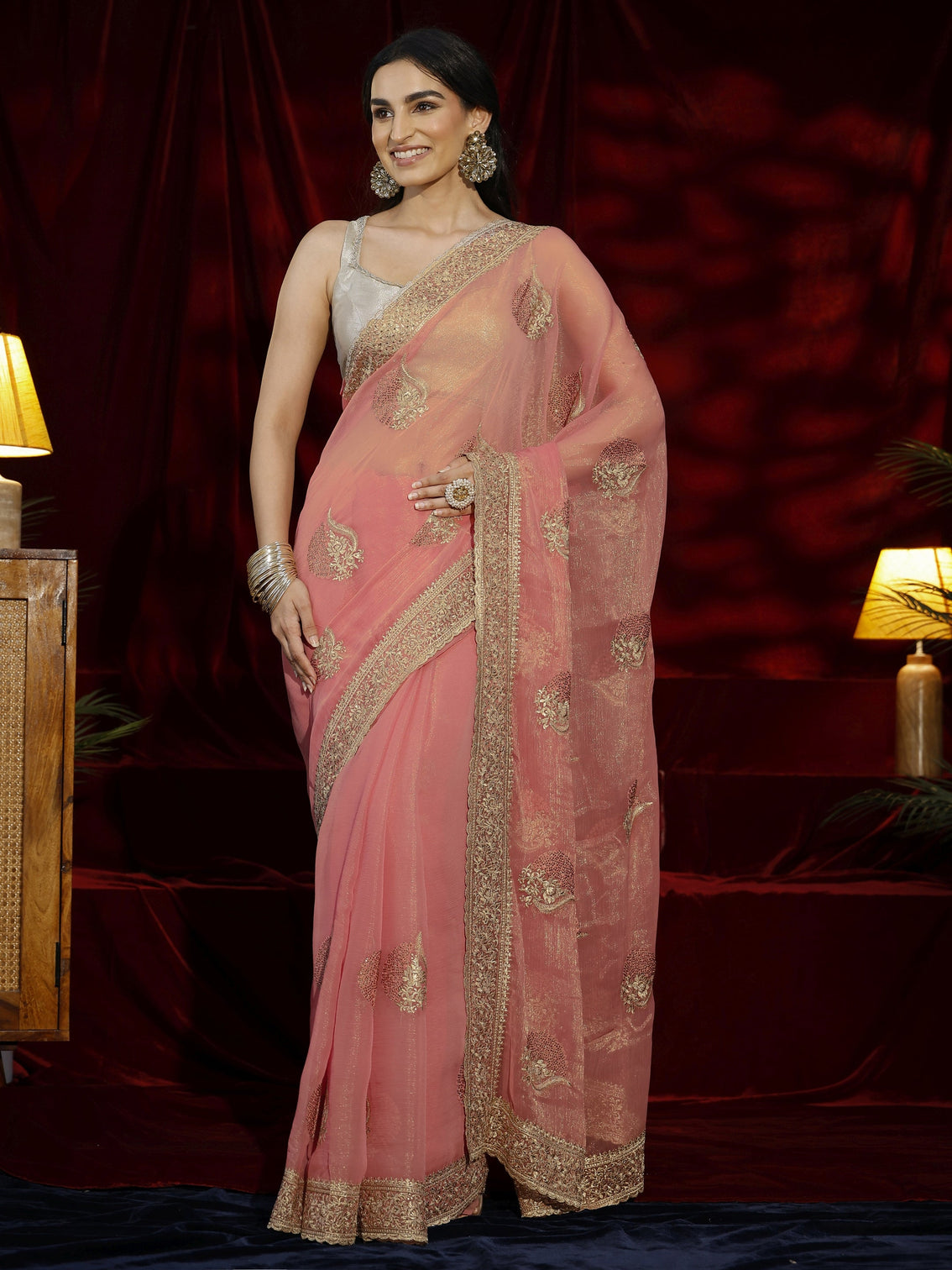 Mameraa Pink Floral Embroidered Chiffon Saree