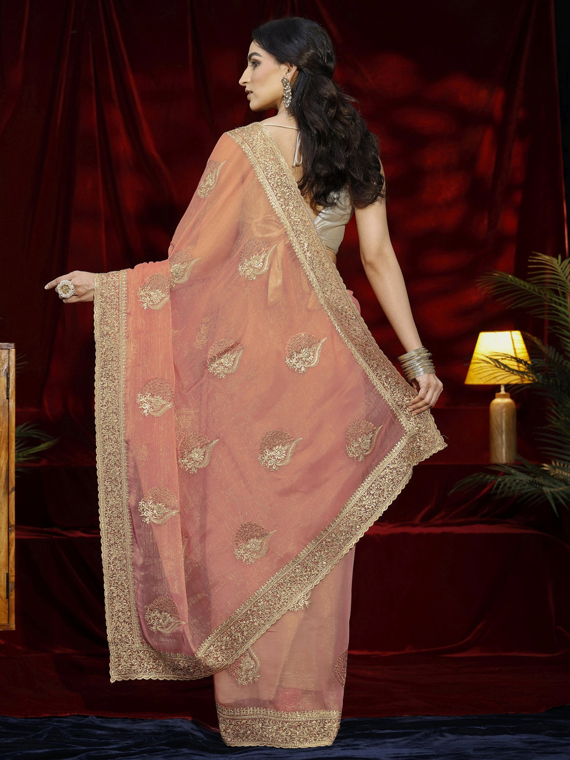 Mameraa Pink Floral Embroidered Chiffon Saree