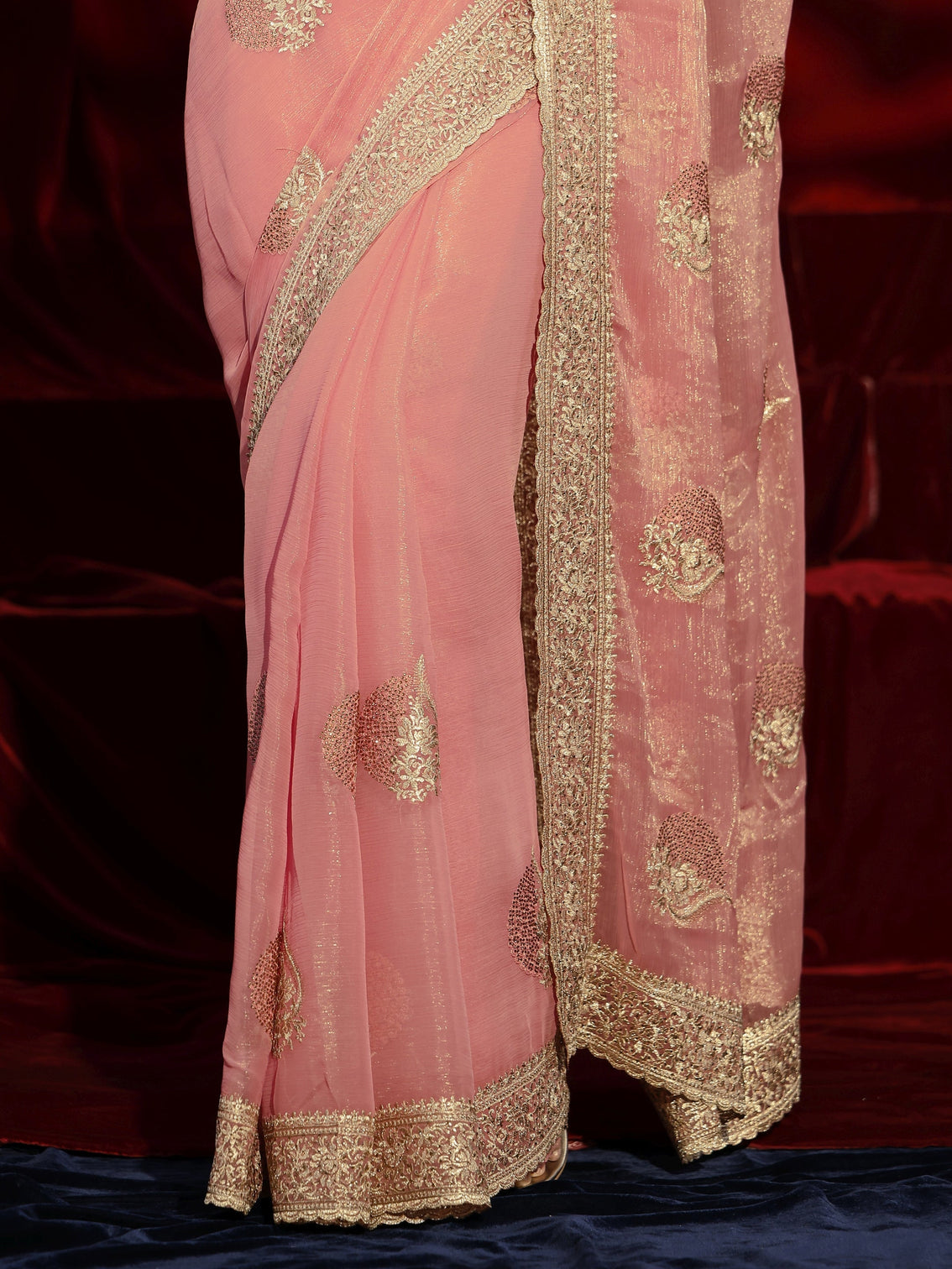 Mameraa Pink Floral Embroidered Chiffon Saree