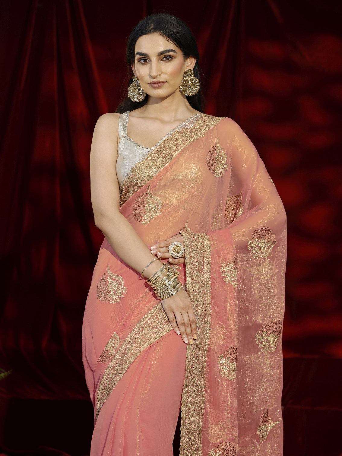 Mameraa Pink Floral Embroidered Chiffon Saree