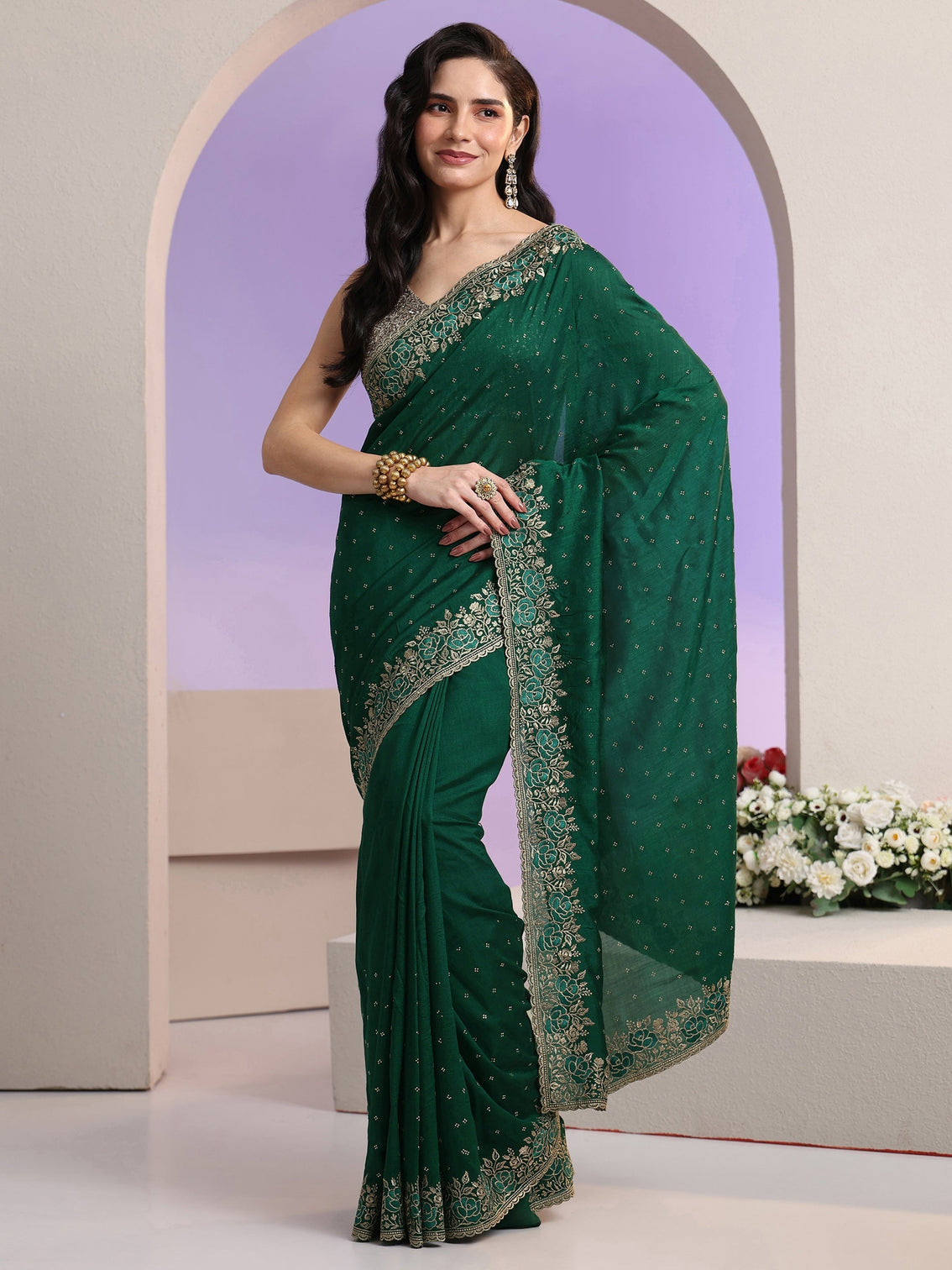 Mameraa Bottle Green Stone Work Embelllished Silk Blend Saree