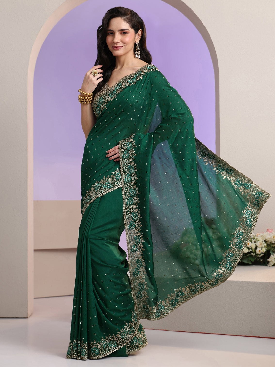 Mameraa Bottle Green Stone Work Embelllished Silk Blend Saree
