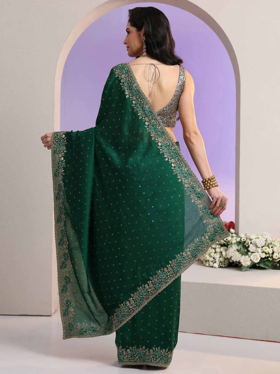 Mameraa Bottle Green Stone Work Embelllished Silk Blend Saree