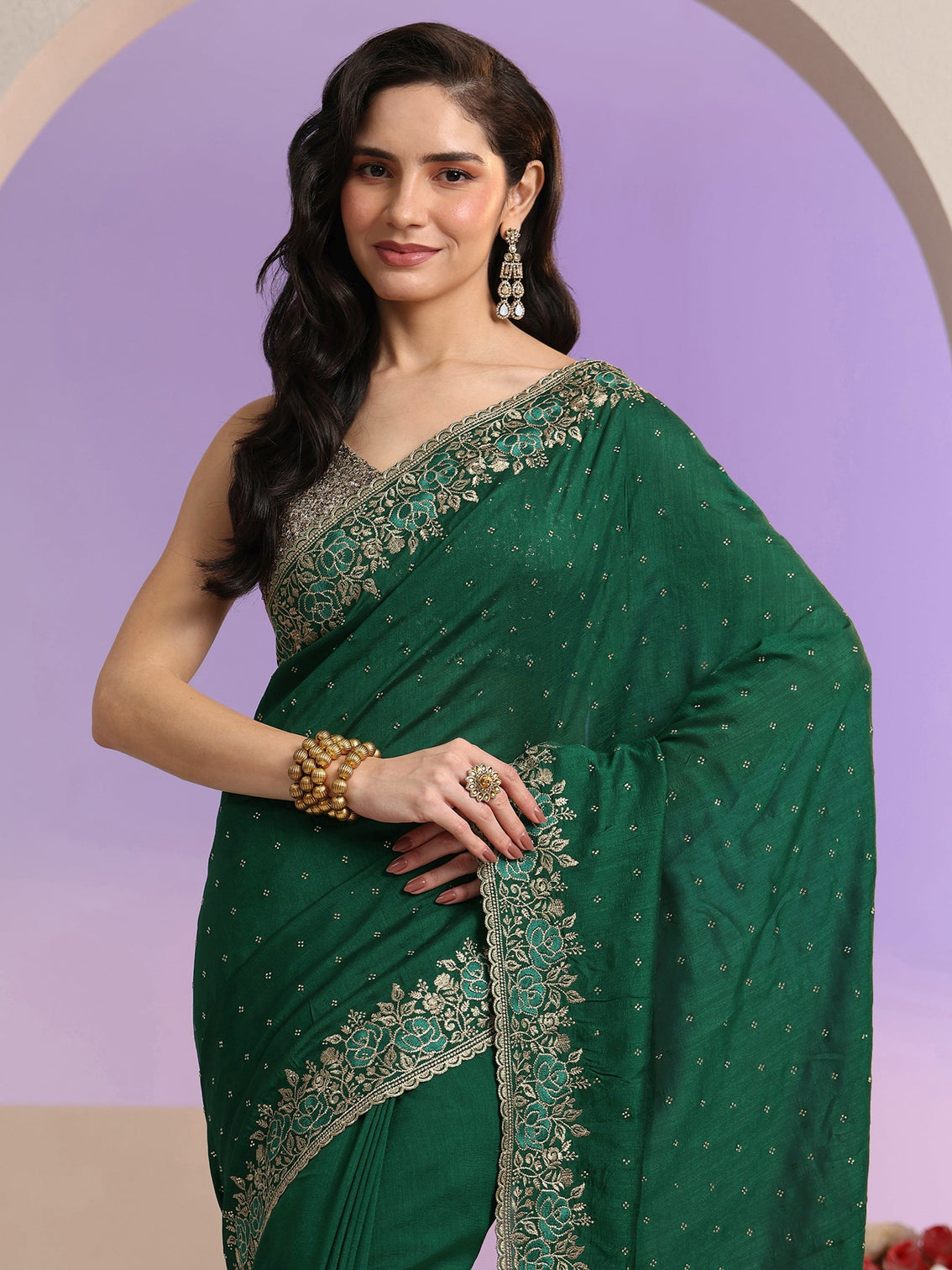 Mameraa Bottle Green Stone Work Embelllished Silk Blend Saree