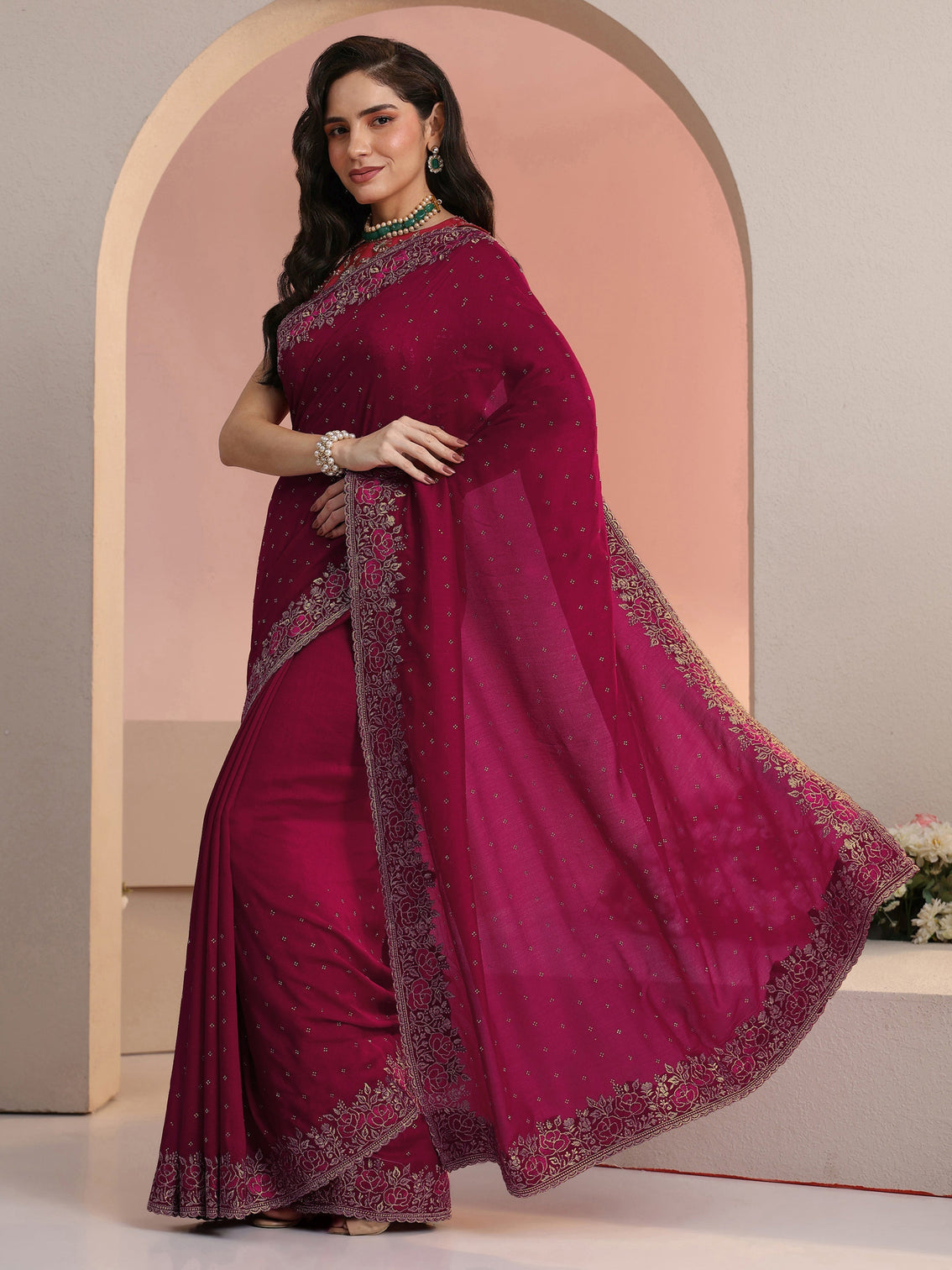 Mameraa Rani Pink Stone Work Embelllished Silk Blend Saree