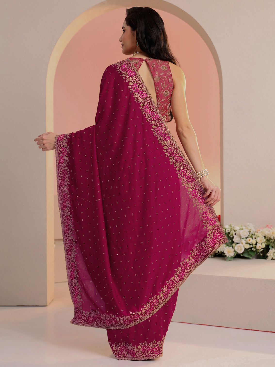 Mameraa Rani Pink Stone Work Embelllished Silk Blend Saree