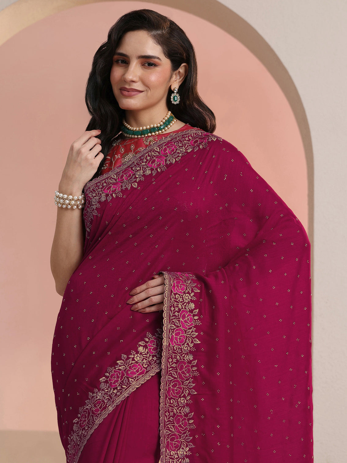 Mameraa Rani Pink Stone Work Embelllished Silk Blend Saree