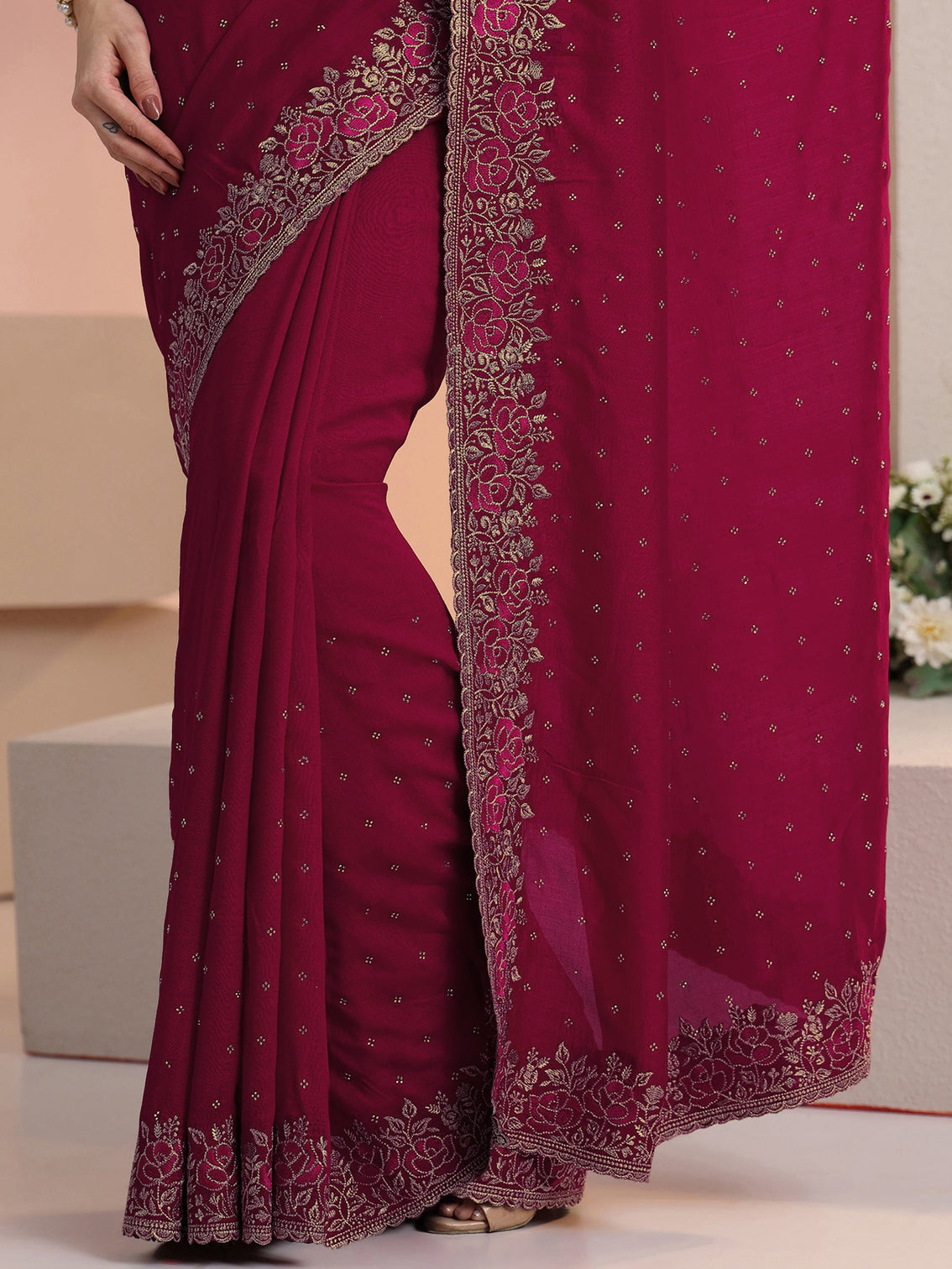 Mameraa Rani Pink Stone Work Embelllished Silk Blend Saree