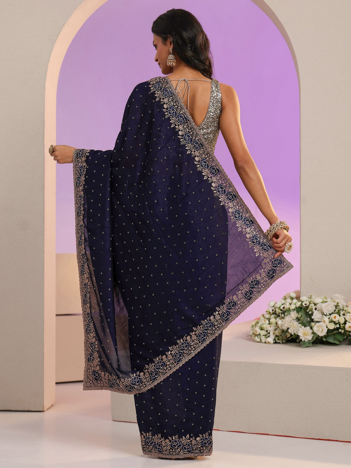 Mameraa Navy Blue Stone Work Embelllished Silk Blend Saree