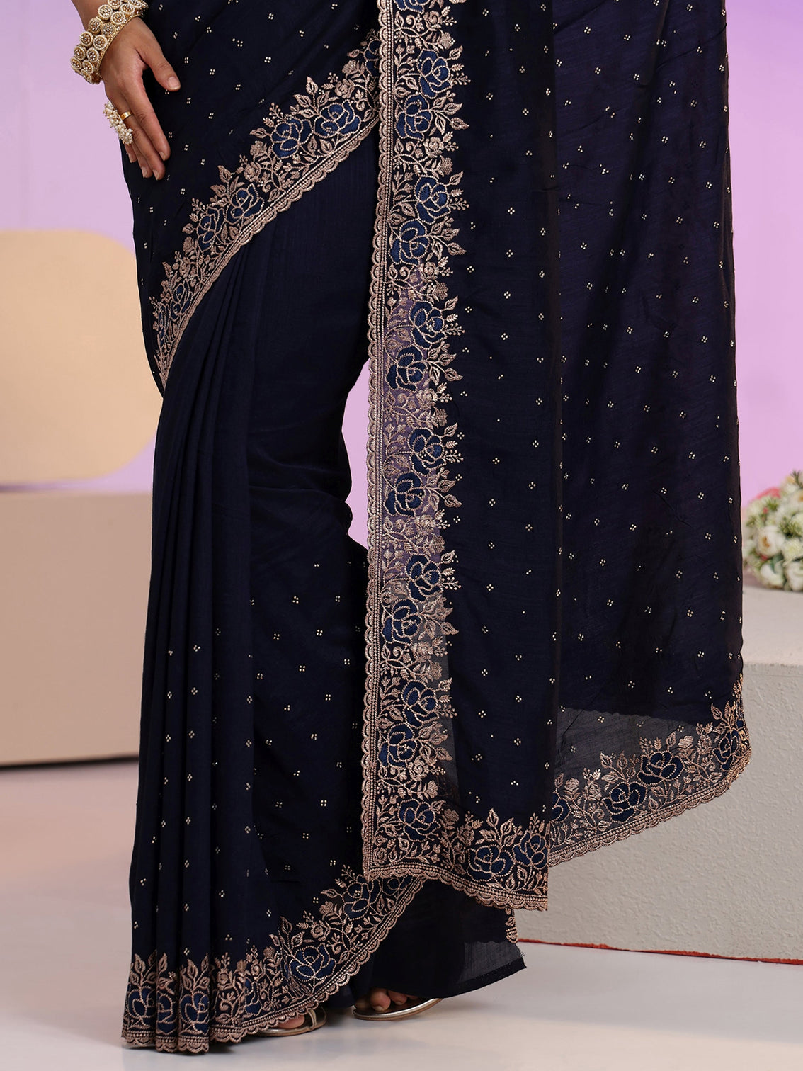 Mameraa Navy Blue Stone Work Embelllished Silk Blend Saree