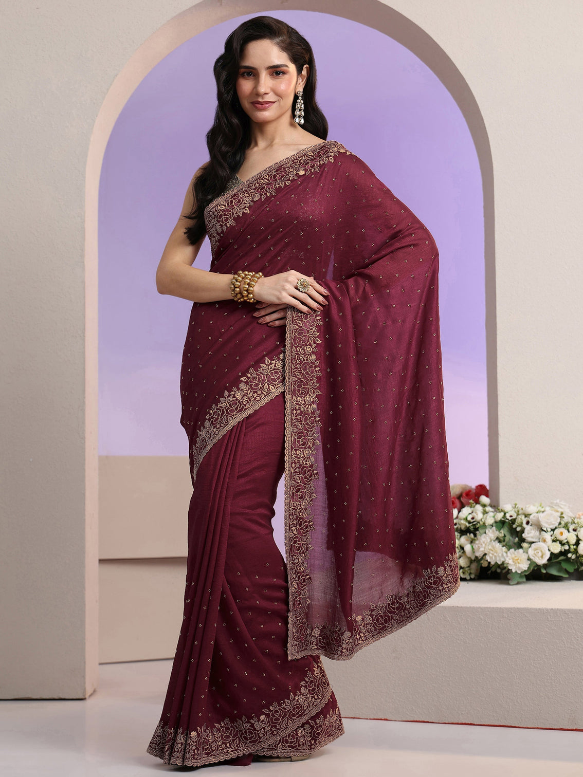 Mameraa Maroon Stone Work Embelllished Silk Blend Saree