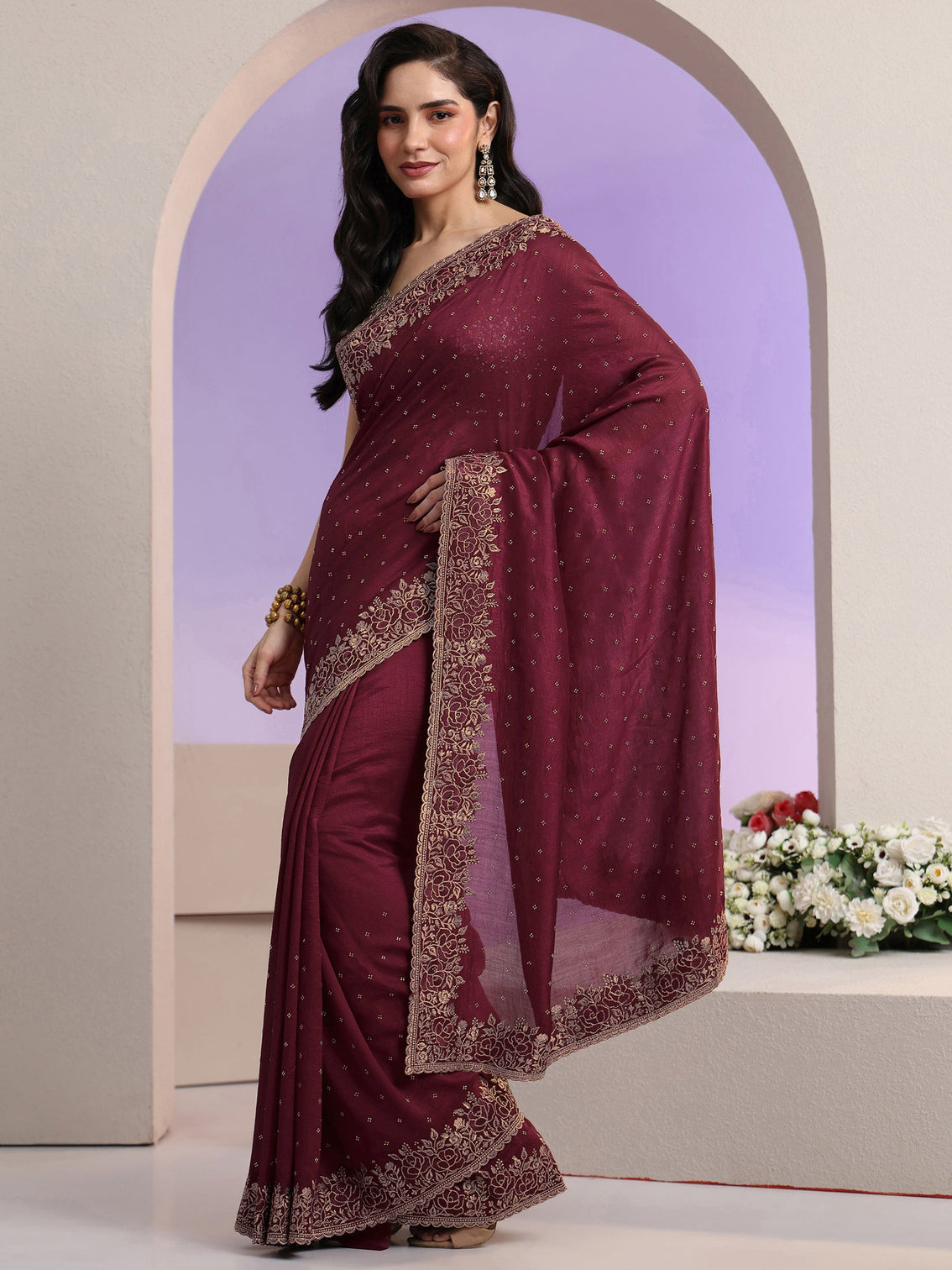 Mameraa Maroon Stone Work Embelllished Silk Blend Saree