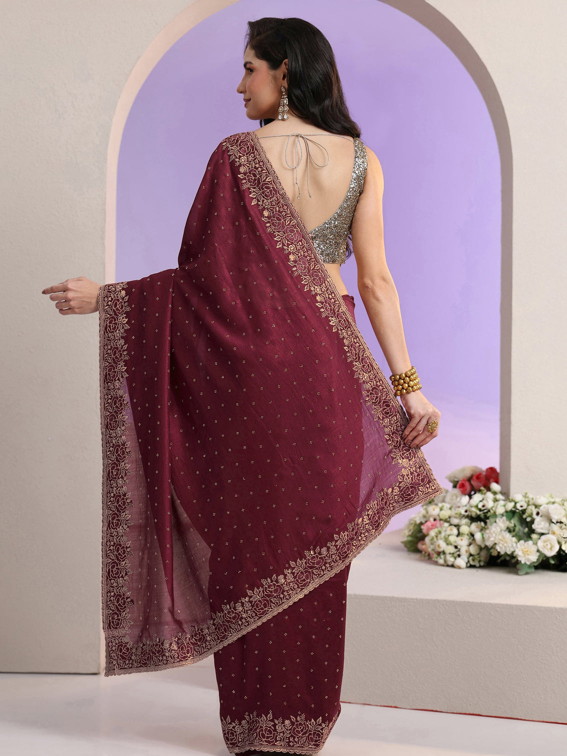 Mameraa Maroon Stone Work Embelllished Silk Blend Saree