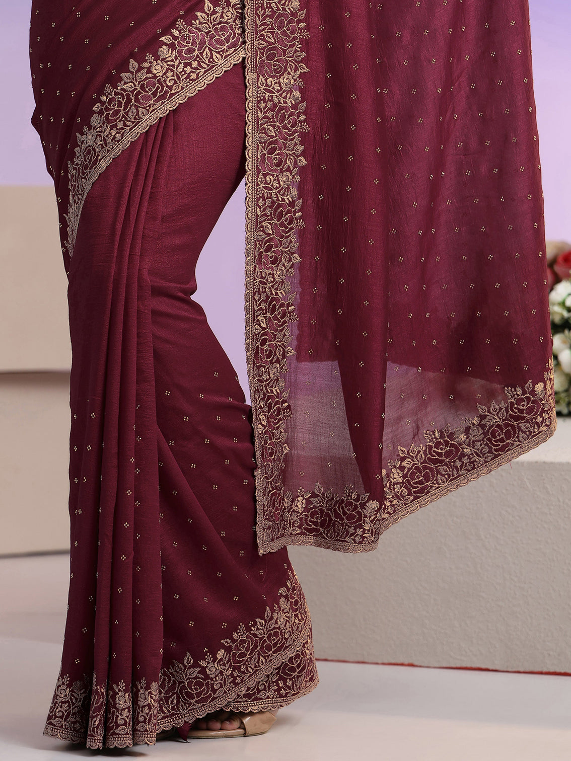 Mameraa Maroon Stone Work Embelllished Silk Blend Saree