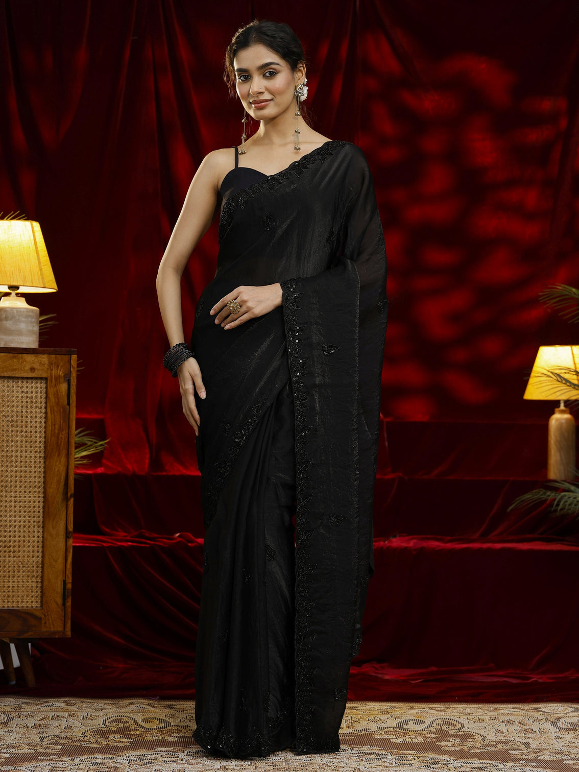 Mameraa Black Embellished Tissue Saree