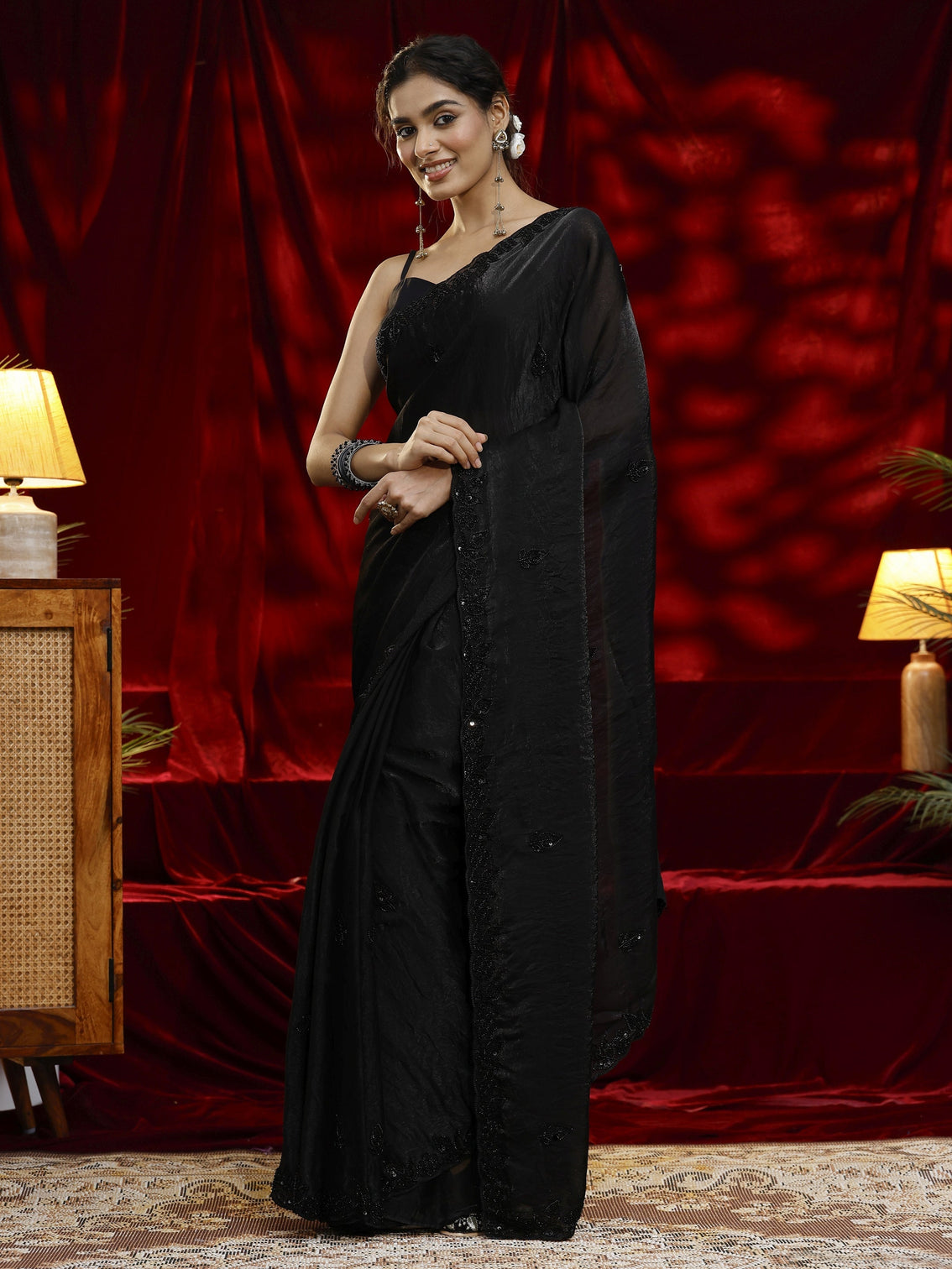 Mameraa Black Embellished Tissue Saree