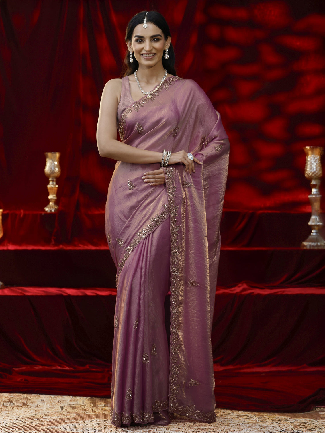 Mameraa Pink Embellished Tissue Saree