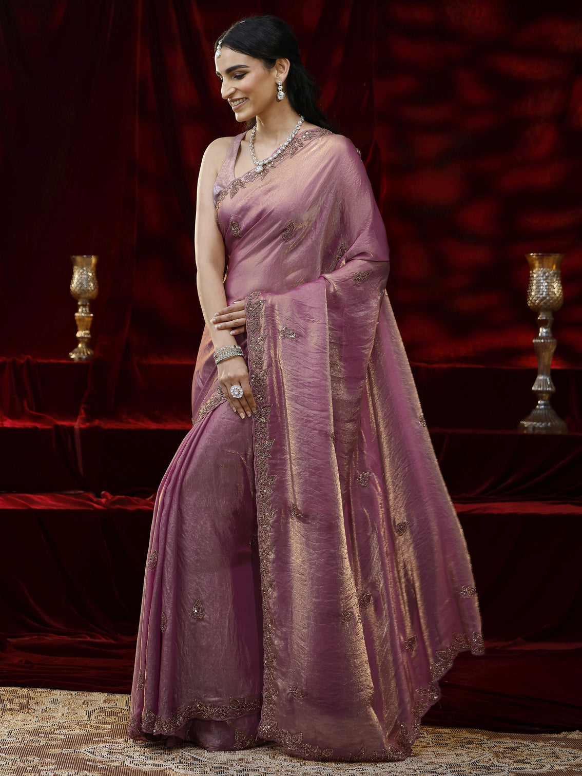 Mameraa Pink Embellished Tissue Saree