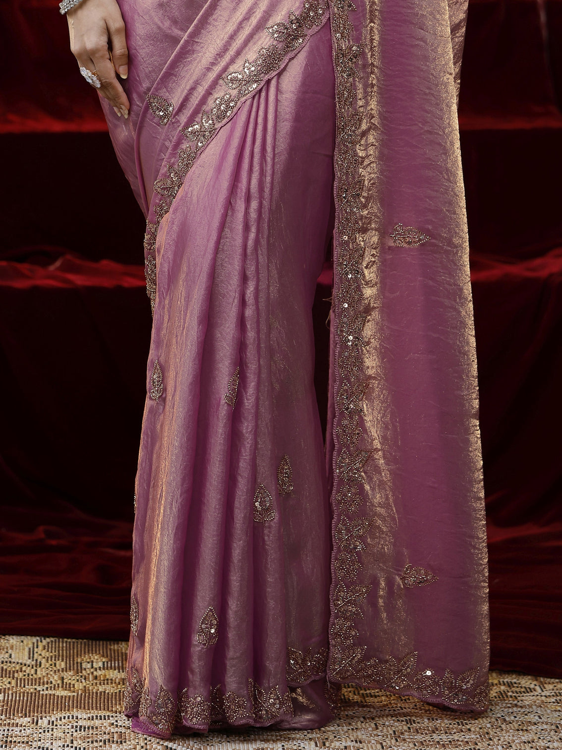 Mameraa Pink Embellished Tissue Saree