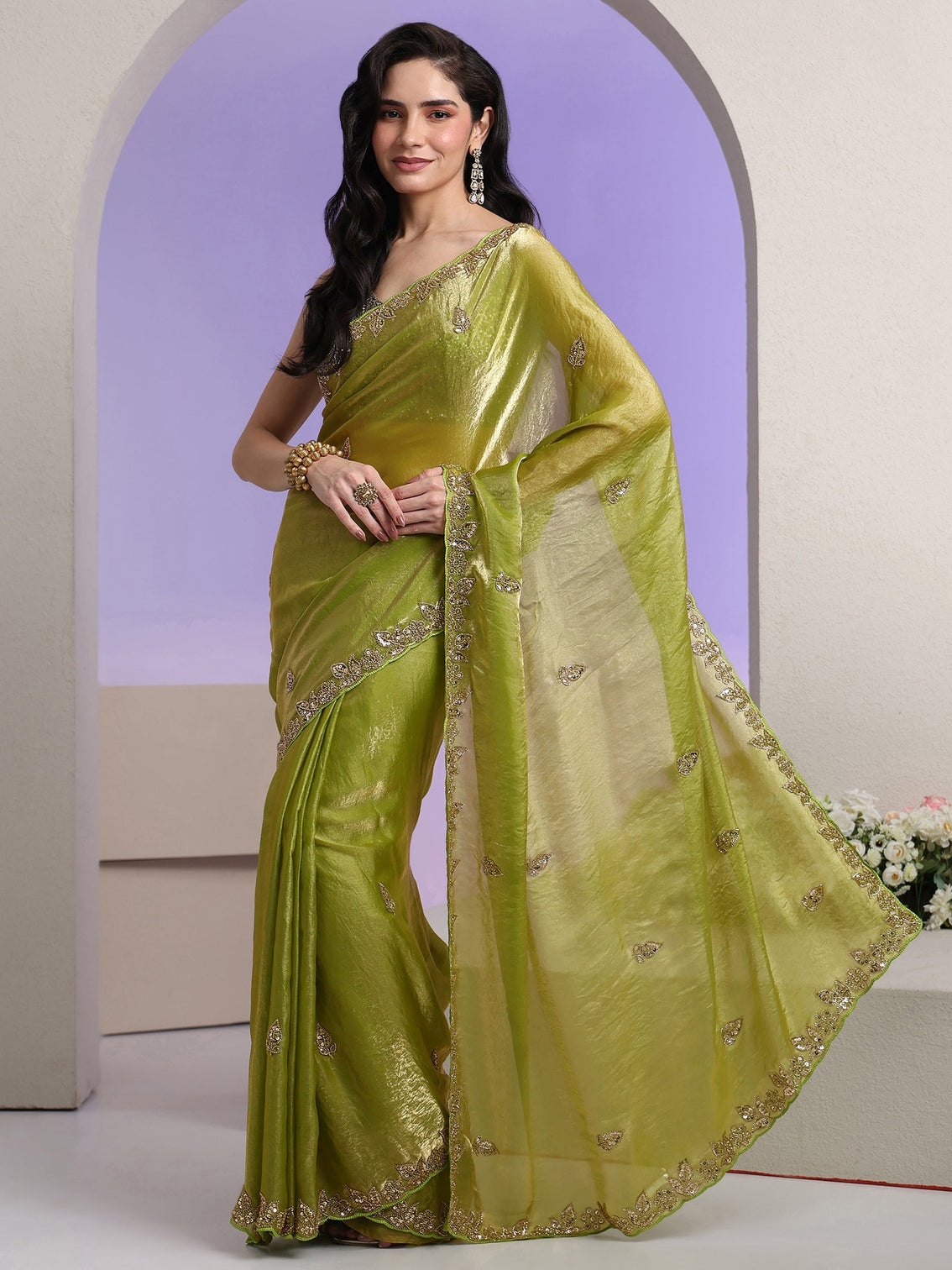 Mameraa Lime Green Embellished Tissue Saree