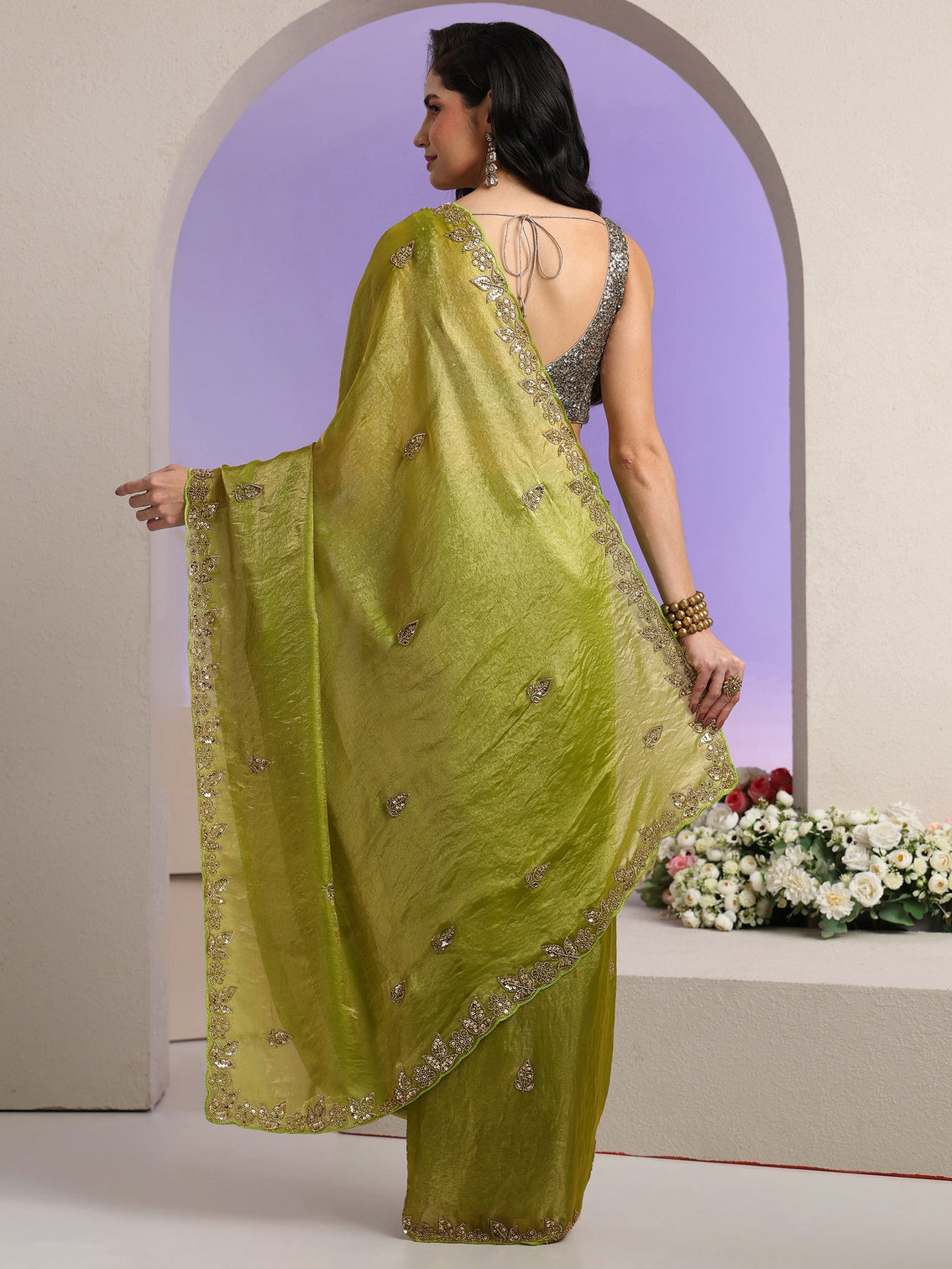 Mameraa Lime Green Embellished Tissue Saree