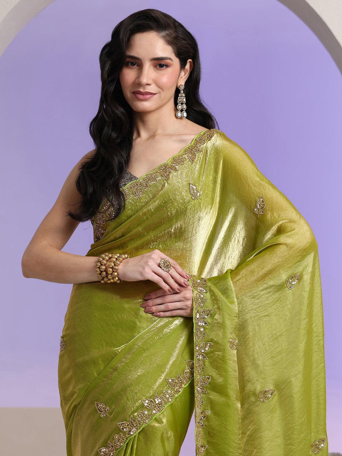 Mameraa Lime Green Embellished Tissue Saree