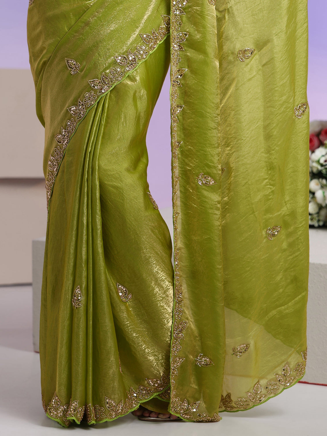 Mameraa Lime Green Embellished Tissue Saree