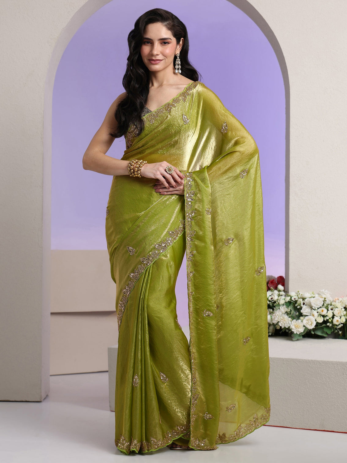 Mameraa Lime Green Embellished Tissue Saree