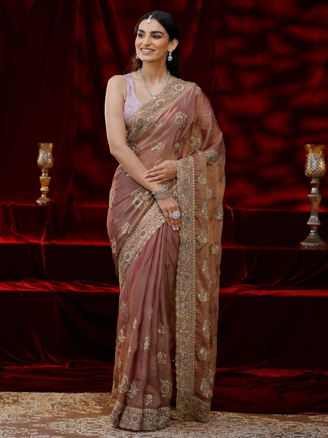 Mameraa Pink Floral Embroidered Tissue Saree