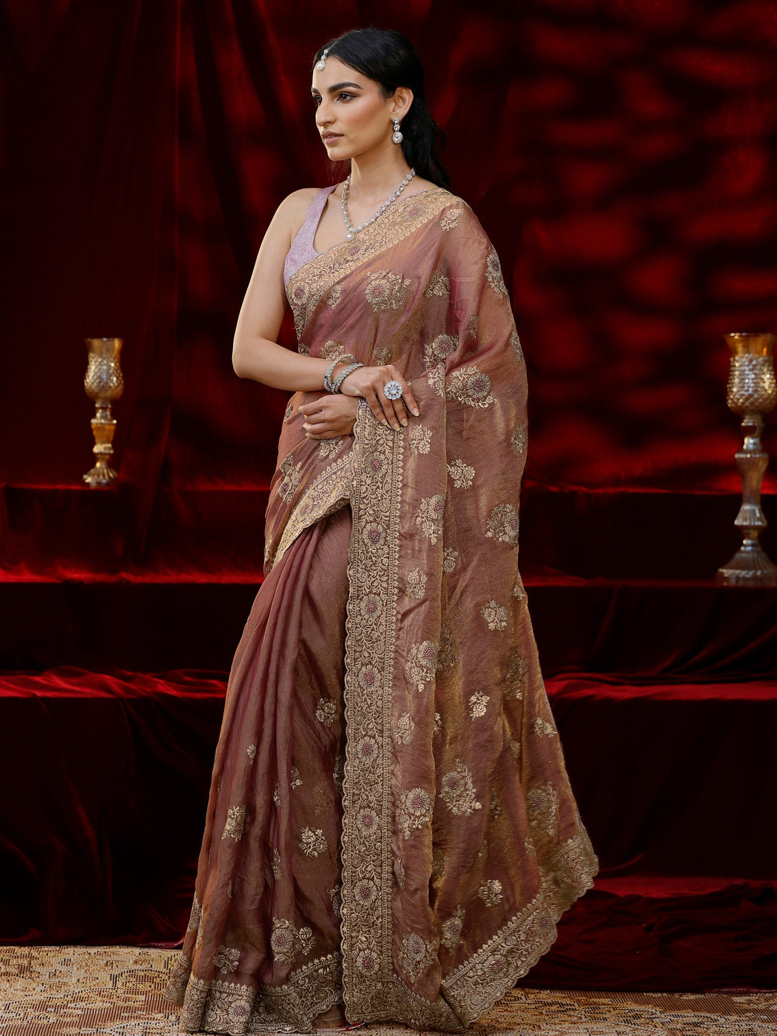 Mameraa Pink Floral Embroidered Tissue Saree