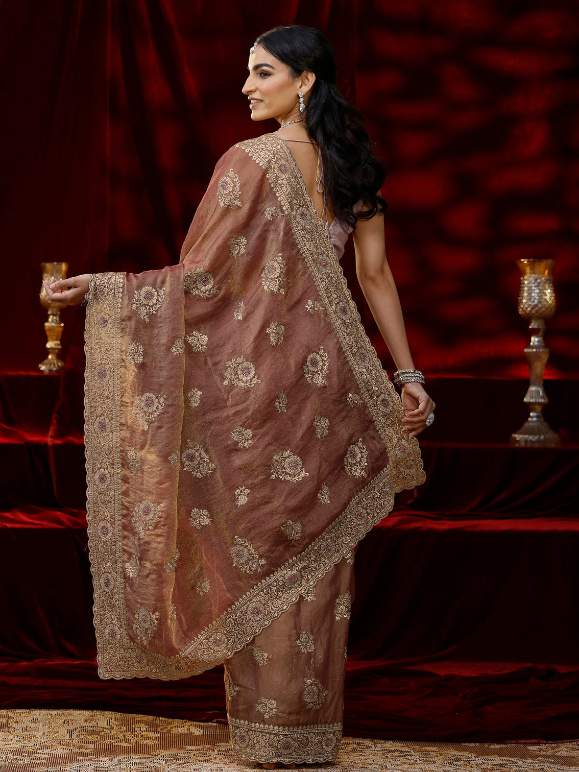 Mameraa Pink Floral Embroidered Tissue Saree