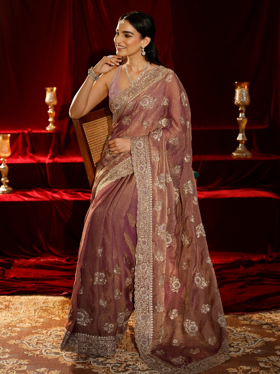 Mameraa Pink Floral Embroidered Tissue Saree