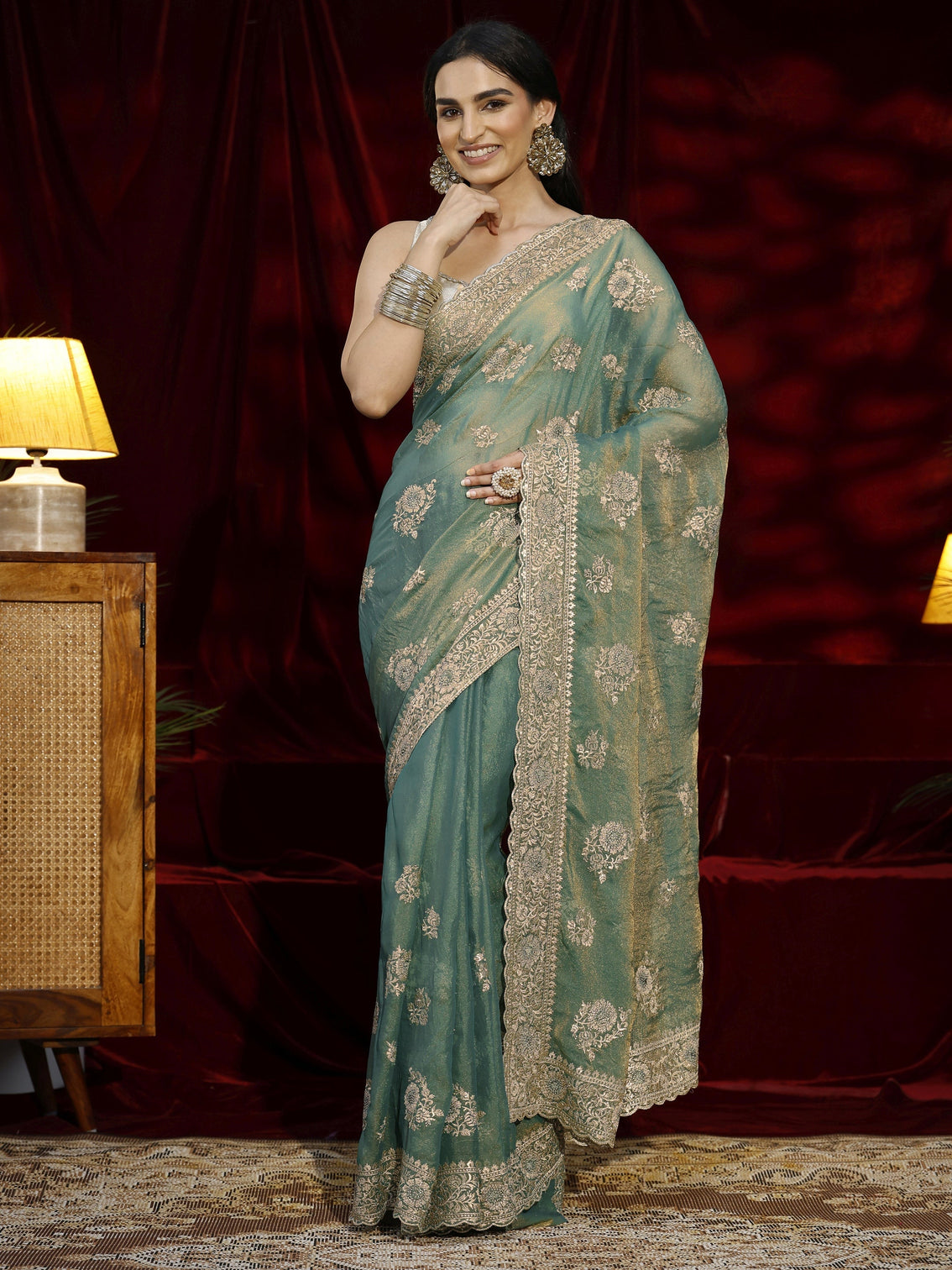 Mameraa Green Floral Embroidered Tissue Saree