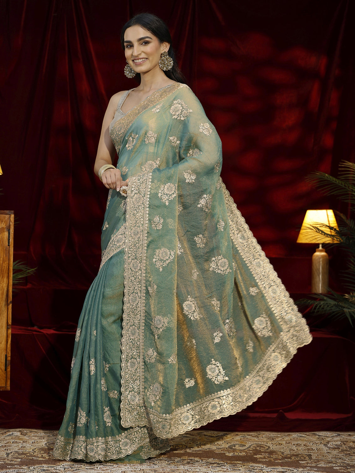 Mameraa Green Floral Embroidered Tissue Saree