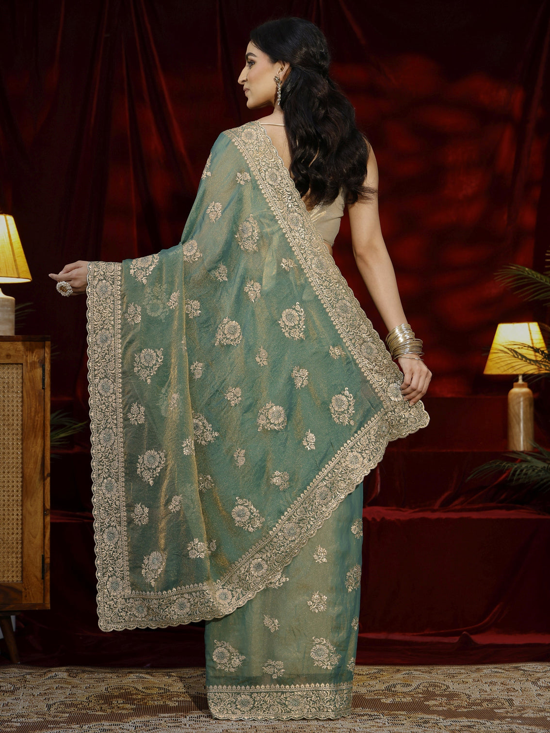 Mameraa Green Floral Embroidered Tissue Saree