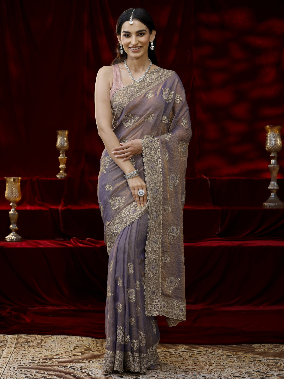 Mameraa Lavender Floral Embroidered Tissue Saree