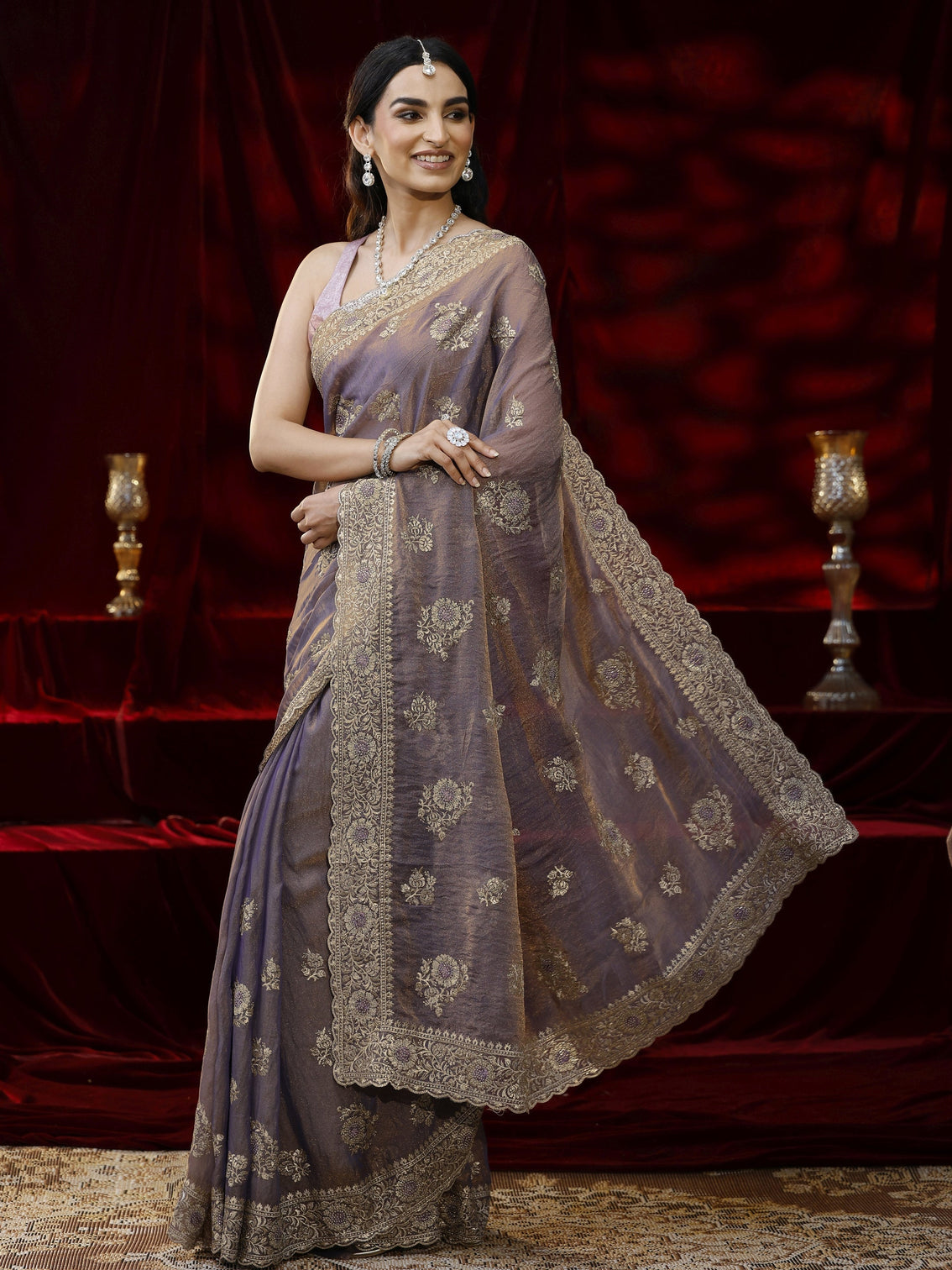 Mameraa Lavender Floral Embroidered Tissue Saree
