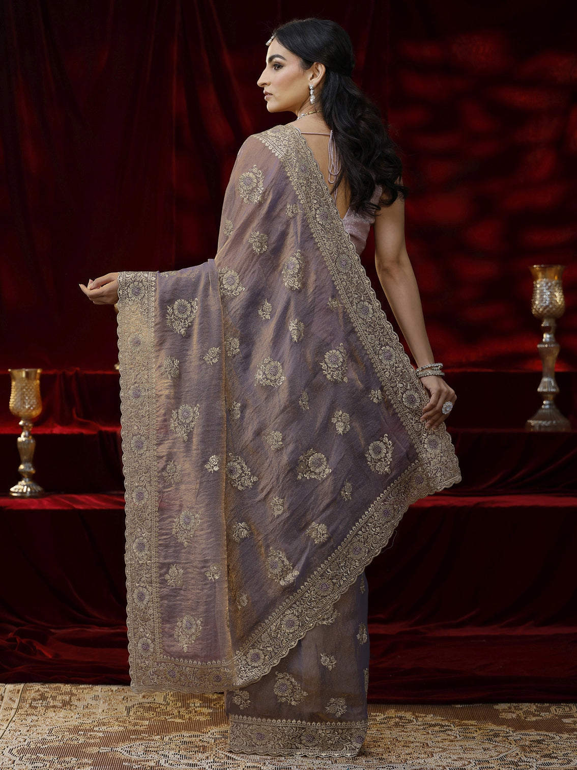 Mameraa Lavender Floral Embroidered Tissue Saree