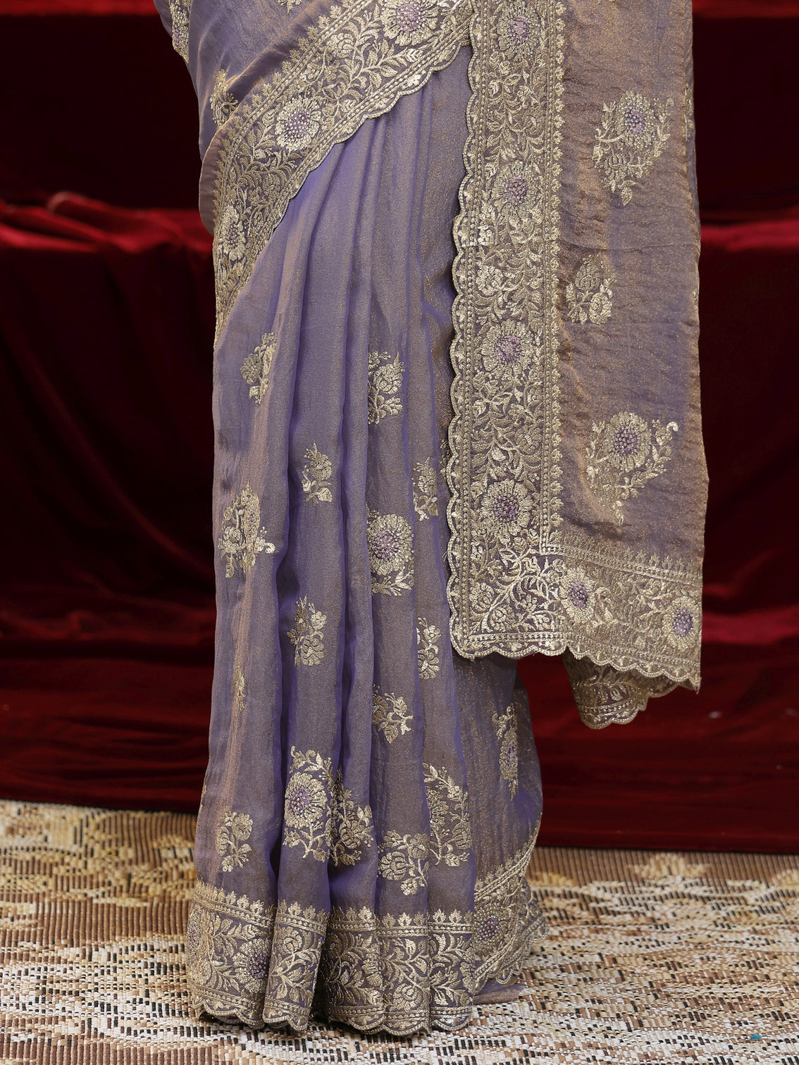 Mameraa Lavender Floral Embroidered Tissue Saree