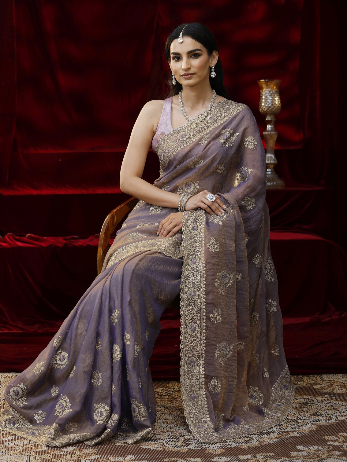 Mameraa Lavender Floral Embroidered Tissue Saree