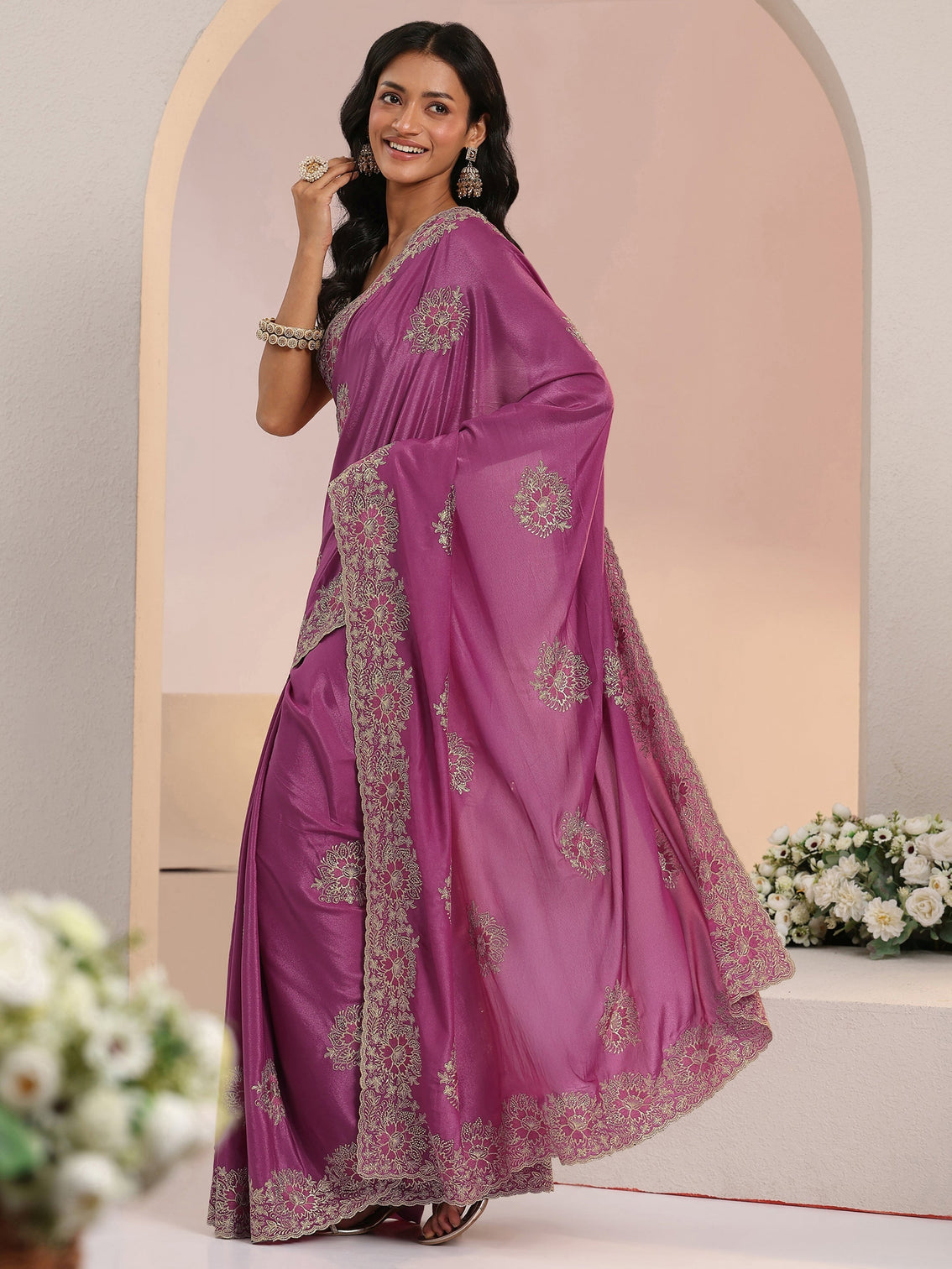 Mameraa Dusty Rose Pink Floral Embroidered Tissue Saree