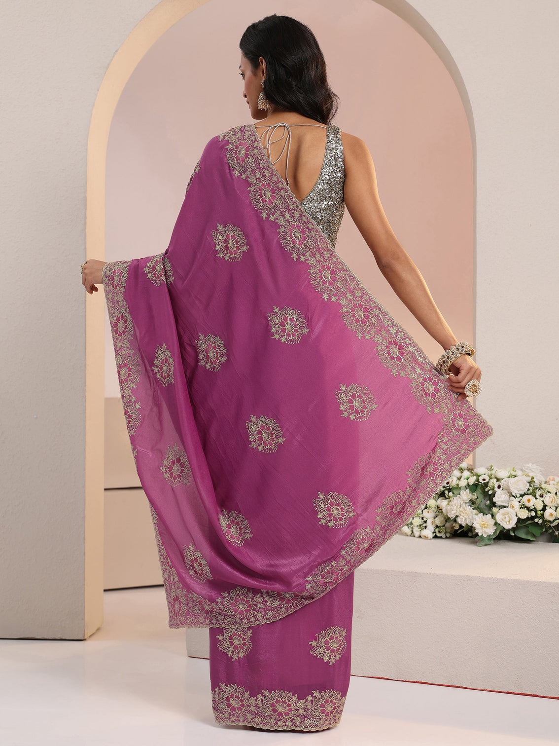 Mameraa Dusty Rose Pink Floral Embroidered Tissue Saree
