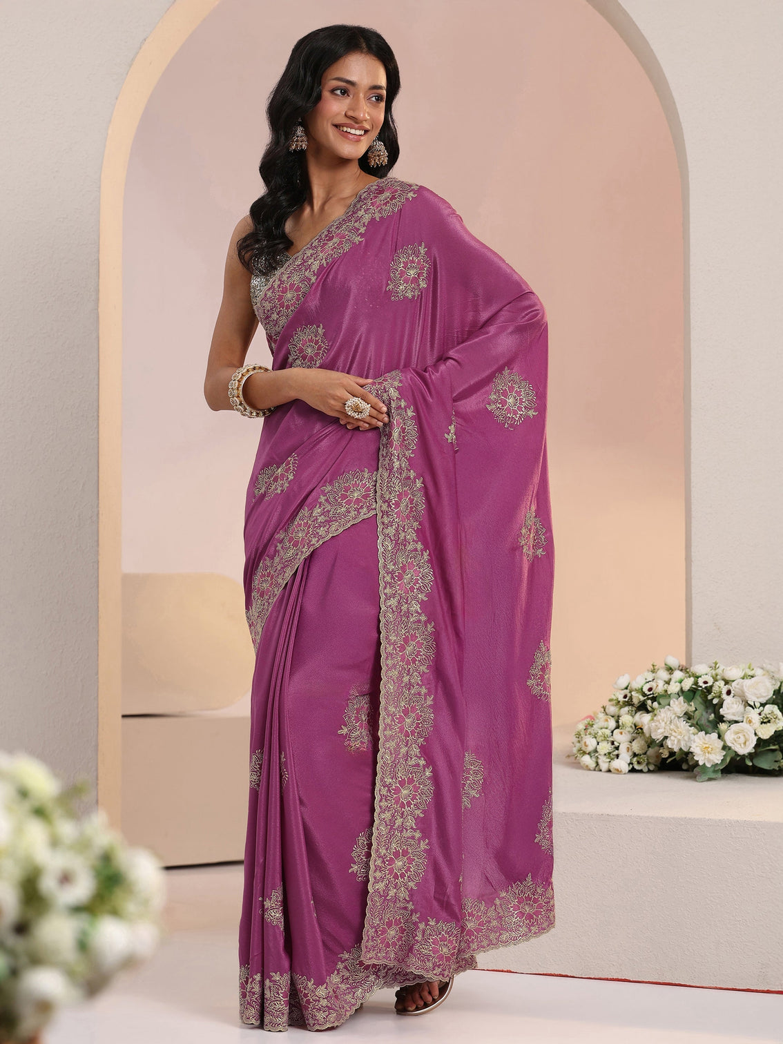 Mameraa Dusty Rose Pink Floral Embroidered Tissue Saree