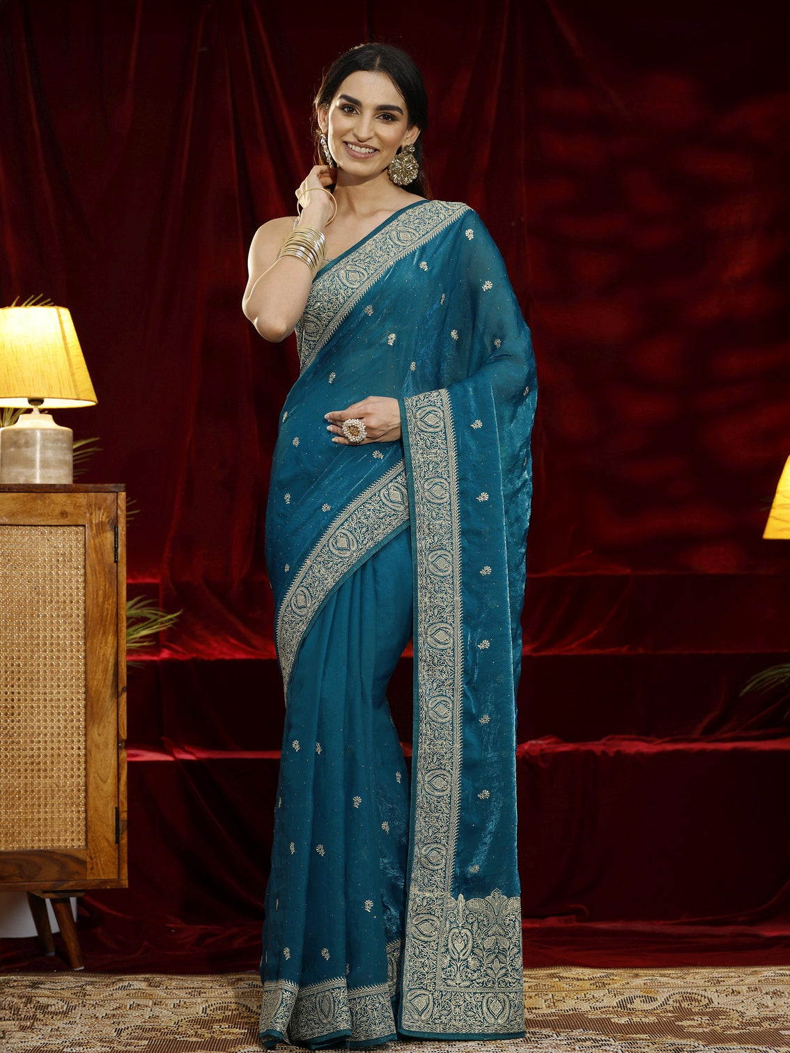 Mameraa Blue Floral Embroidered Tissue Saree