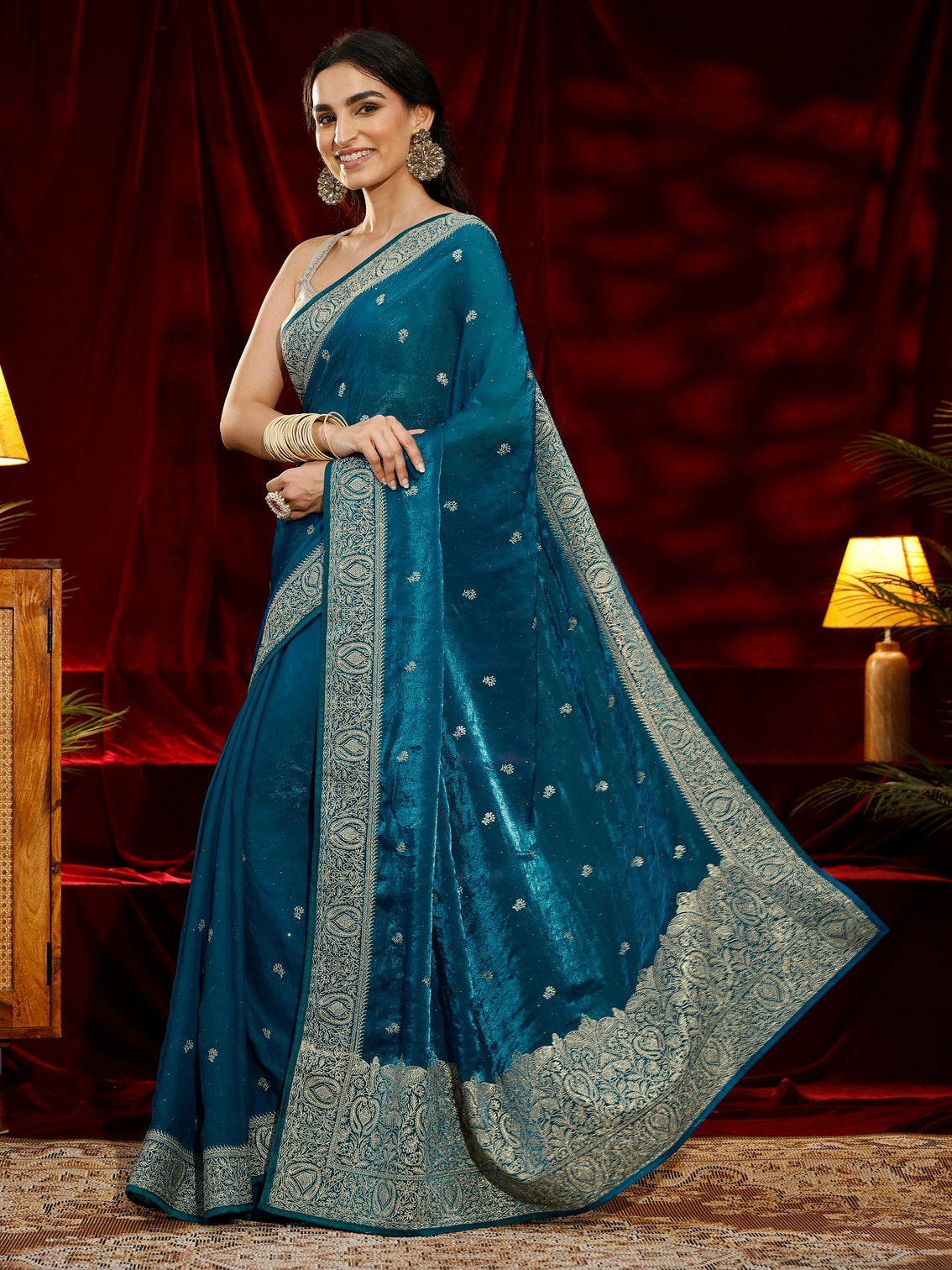 Mameraa Blue Floral Embroidered Tissue Saree