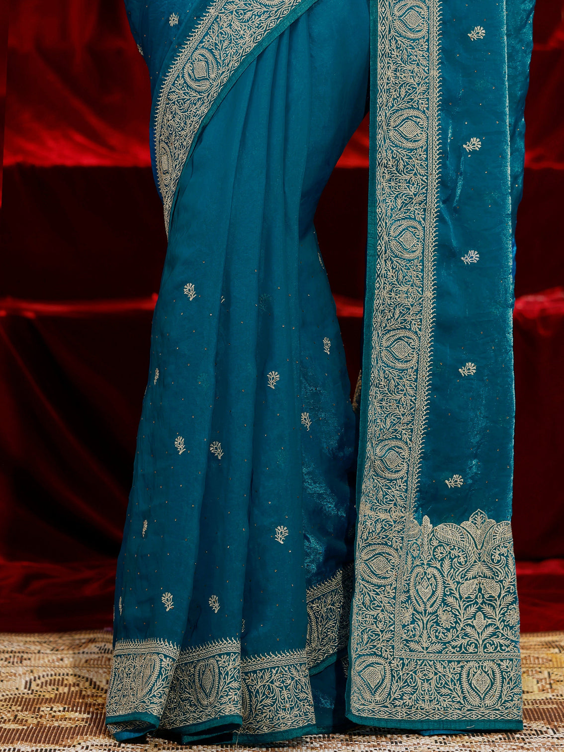 Mameraa Blue Floral Embroidered Tissue Saree